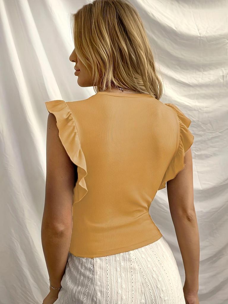 Spring/Summer European & American Women's Ribbed Knit Ruffle Sleeve Round Neck Slim Fit T-shirt