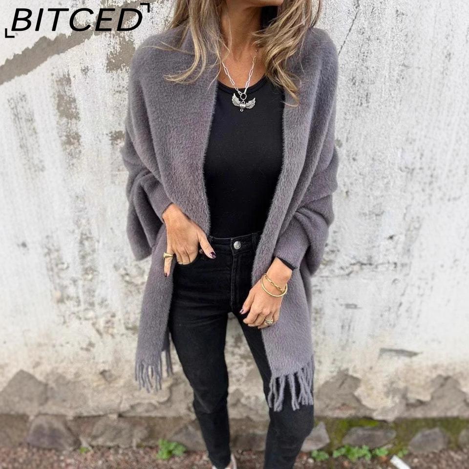 BITCED Autumn and Winter Women's Imitation Mink Velvet Cape Tassel Shawl Solid Colour Thickened Warm Bat