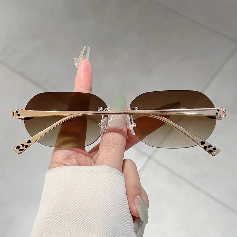 Brand Designer Luxury Rimless Sunglasses Women For Men  Vintage Punk Sun Glasses Popular Metal Leopard Head Shade Uv400