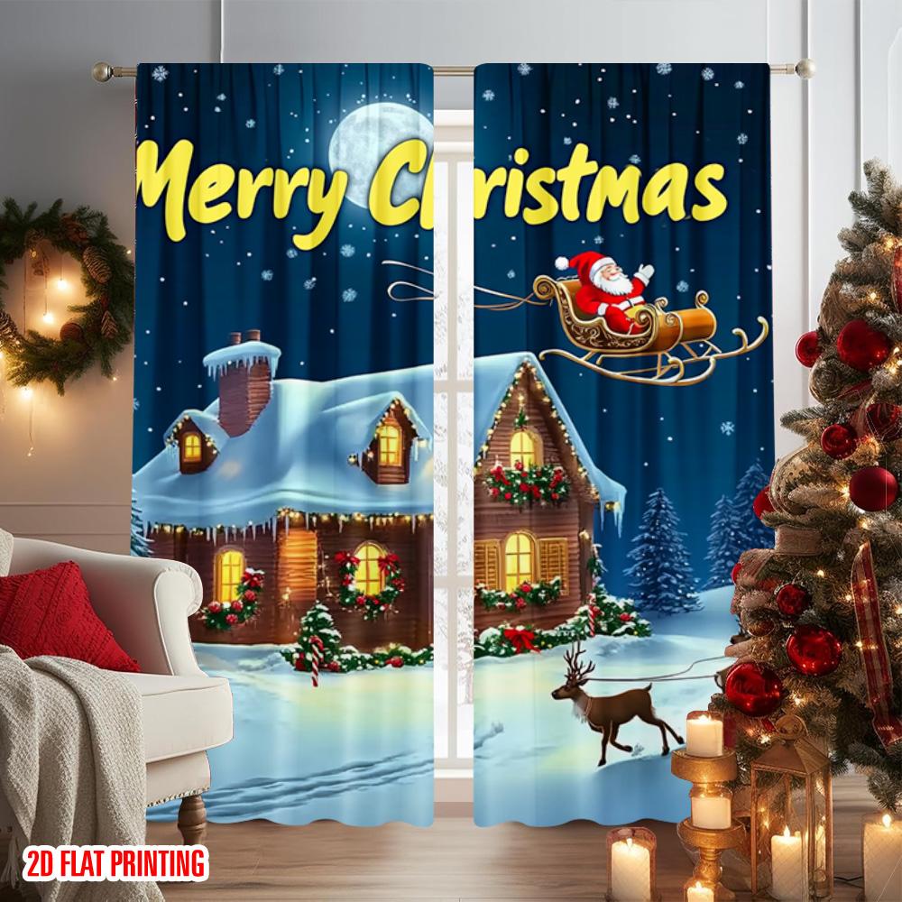2pcs 2D Flat Printing Christmas Scene Curtain Merry Christmas Night Versatile Polyester Without Electricity Family Party