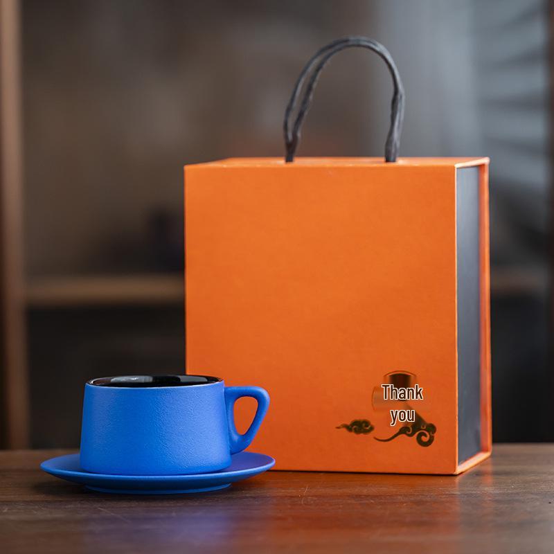 High-End Handmade Blue and Yellow Ceramic Coffee Cup & Saucer Set: Perfect for Housewarming, Weddings, or New Home Gifts