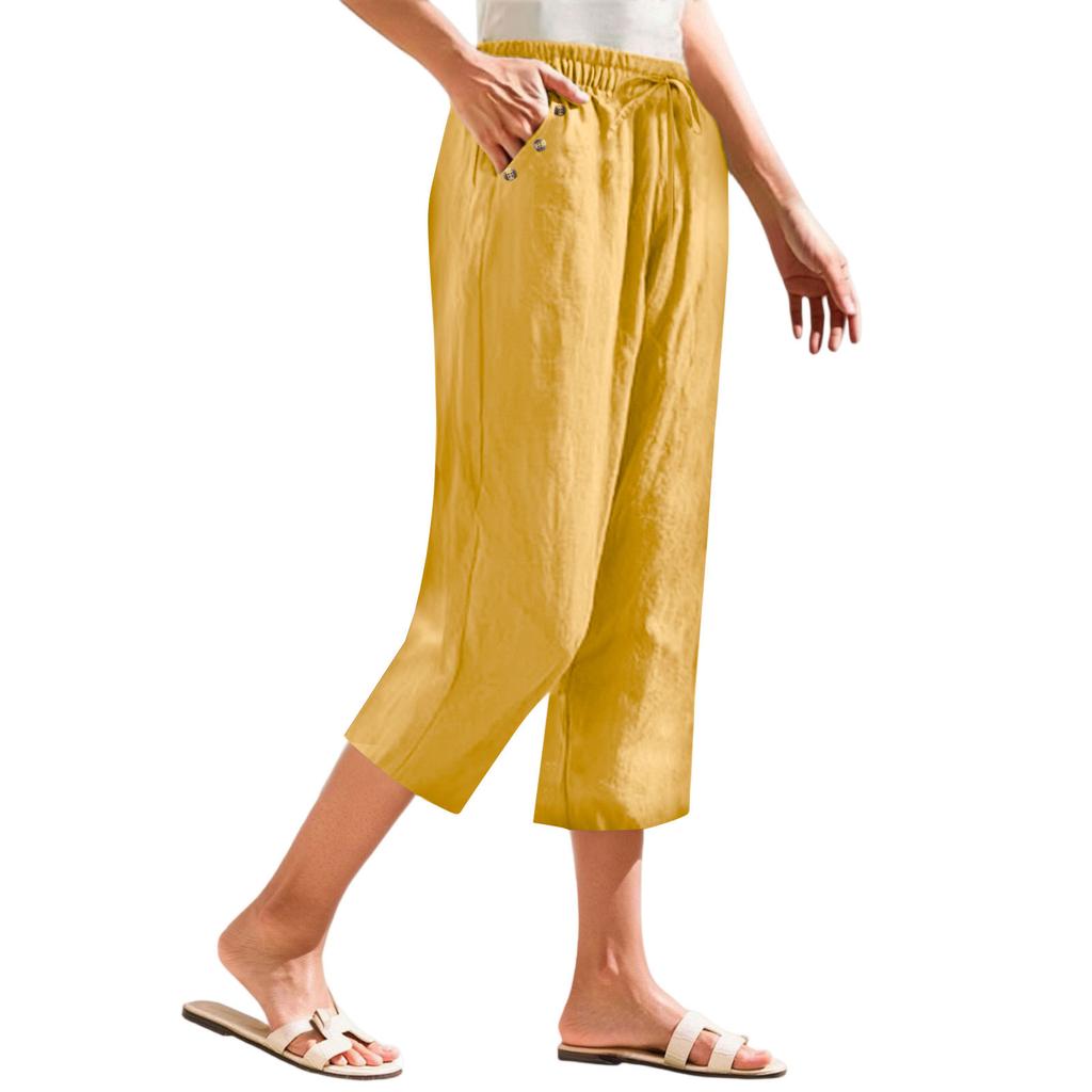 Women's Fashionable Loose-Fit Pocket Cotton-Linen High-Waisted Wide-Leg Pants Casual Cropped Trousers
