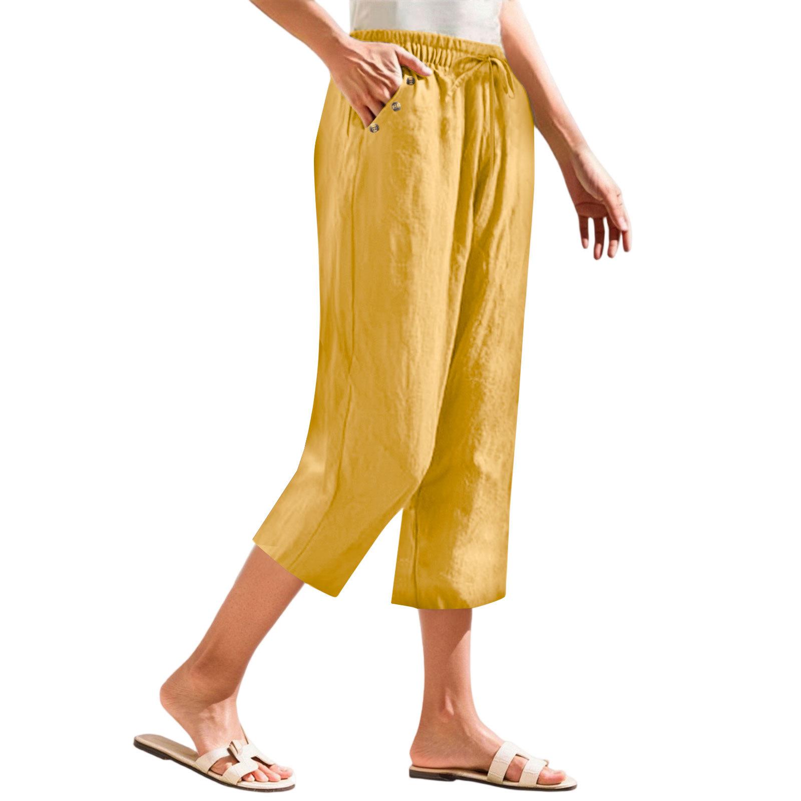 

Women s Fashionable Loose-Fit Pocket Cotton-Linen Blend High-Waisted Wide-Leg Pants Casual Cropped Trousers XL жовтий