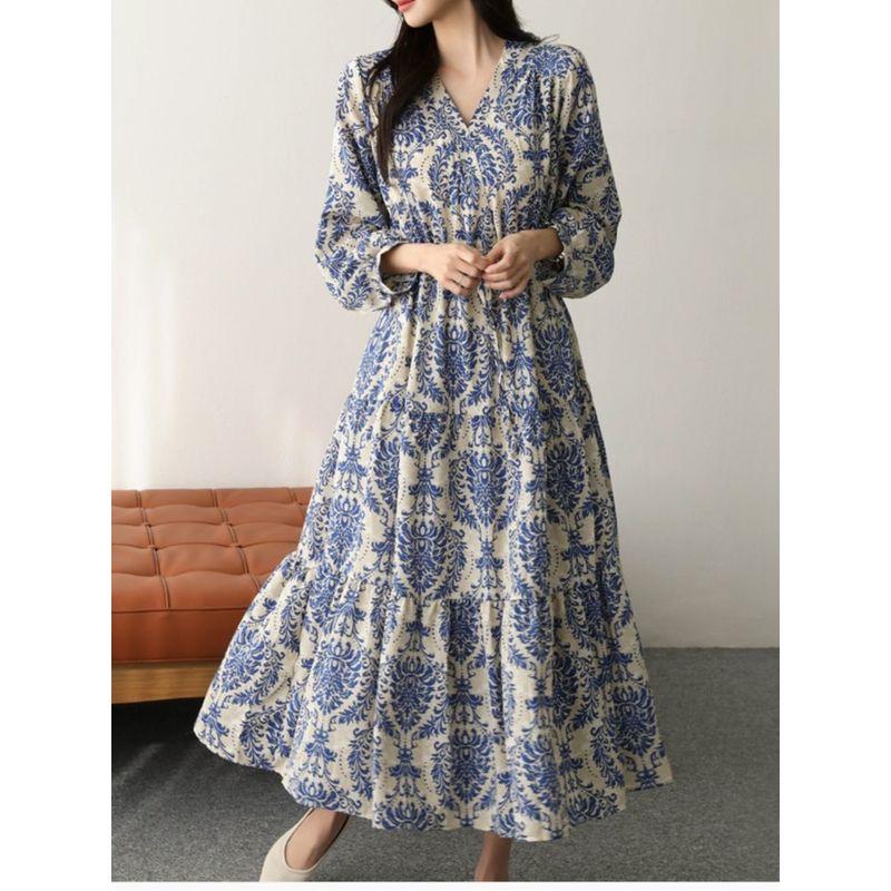 K-style Plus Size Women's Clothing V Neck Vintage Print Lace-up Waist Trimming Ruffles Mid Length Long Length Long Sleeves Dress Trendy Dress