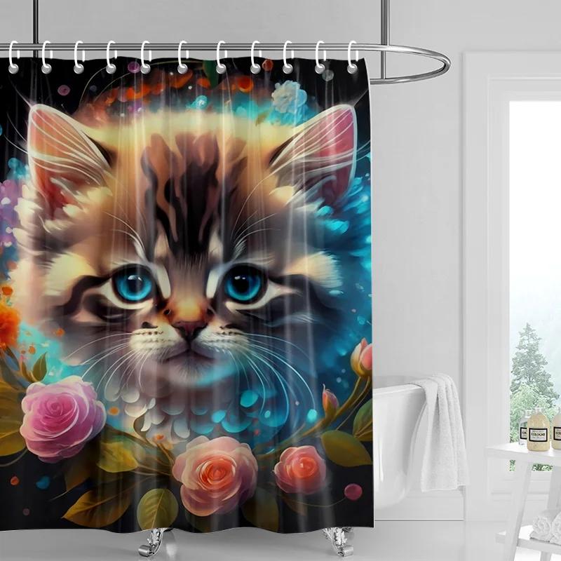 Adorable Cat & Flower Shower Curtain Washable Dirt-Resistant Shower Head Waterproof Polyester Bath Curtain For Home Decor