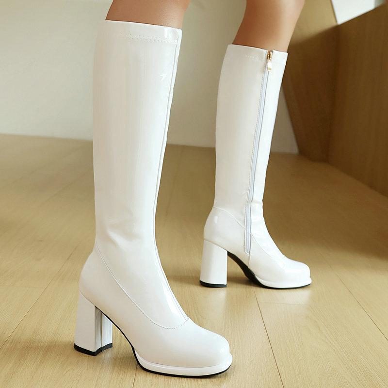 Women's Tall Boots Glossy Patent Leather Round Head Waterproof Table Thick Sole Thick Heel High Heel Side Zipper But Knee Boots Elastic