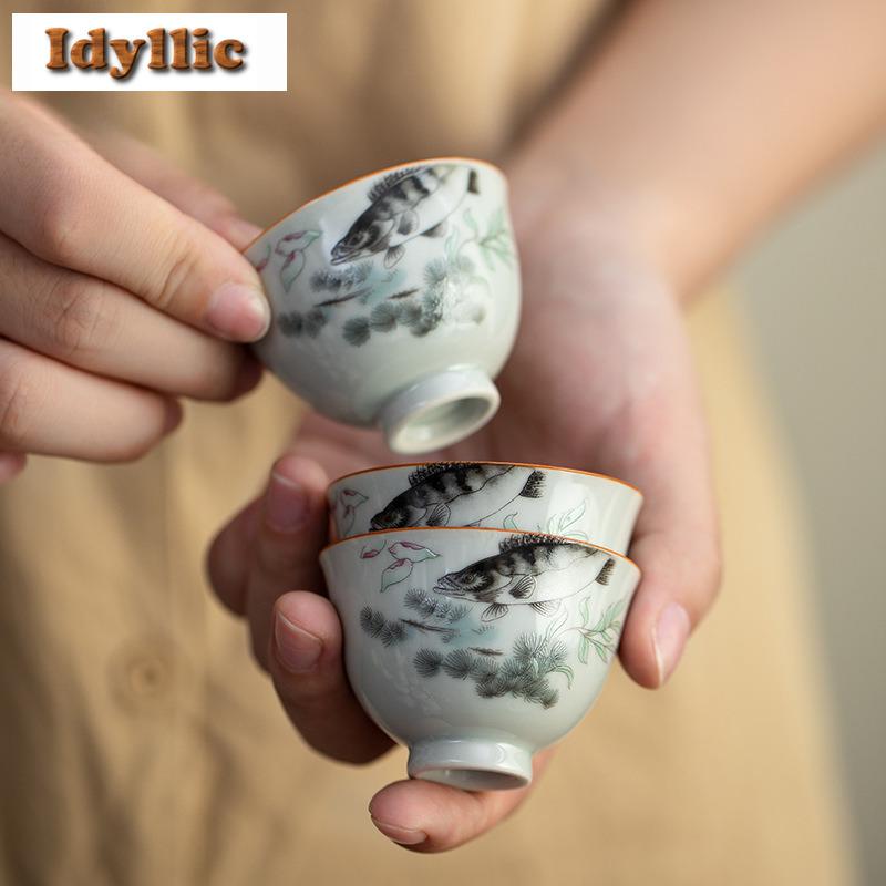 2 Stück/Los Antike Blaue Unterglasurfarbene Mandarinfisch Teetasse Retro Teeschale Tasse Teeverkostung Duftbecher Chazhan Meistertasse 40ml
