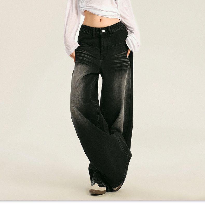 Women's Black Wide-Leg Jeans - High-Waisted, Slimming, Versatile Straight-Leg for Spring & Autumn 2026.