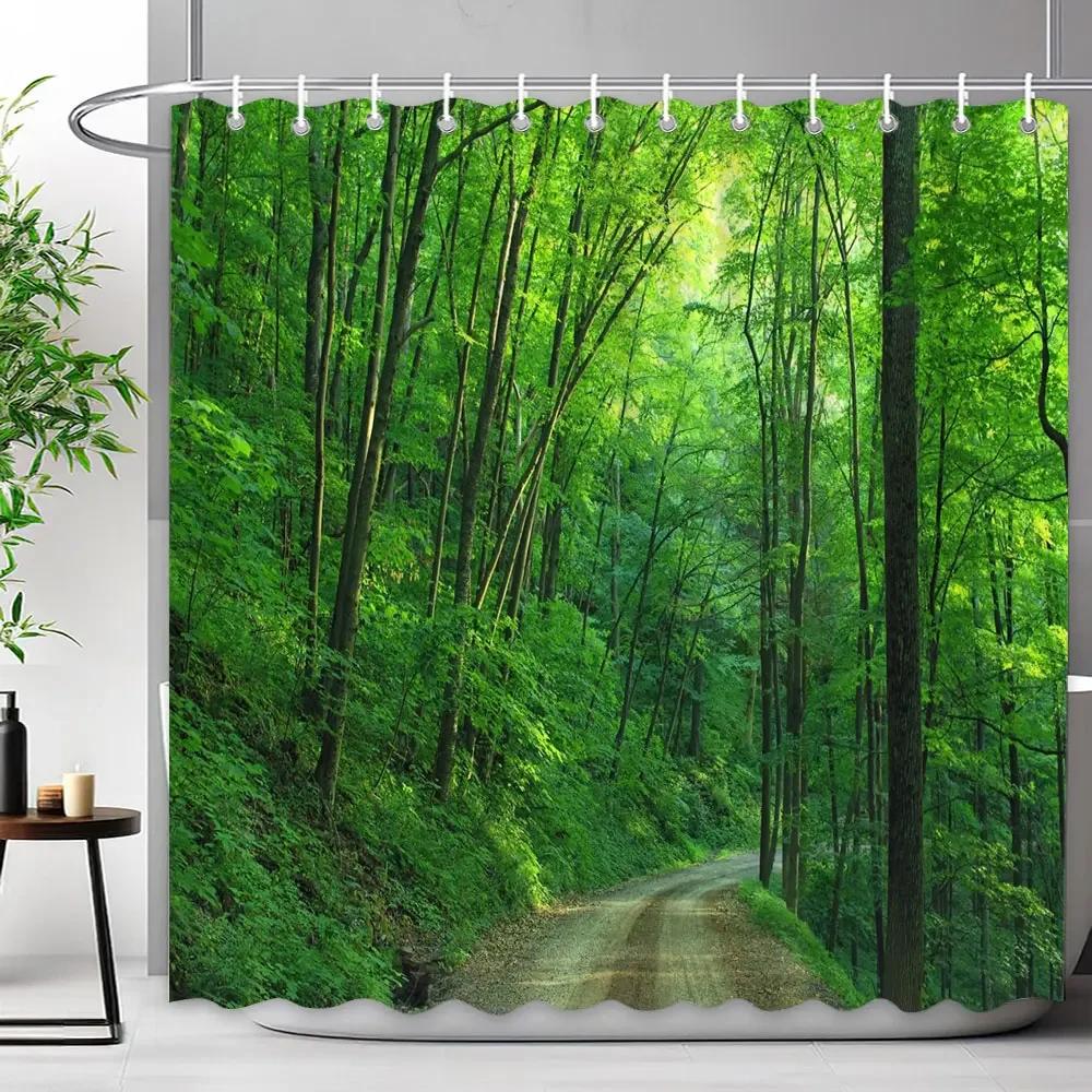 Outdoor Scenic Forest Waterfall Shower Curtain Tropical Jungle Plants Green Leaves Natural Landscape Fabric Shower Curtain Decor