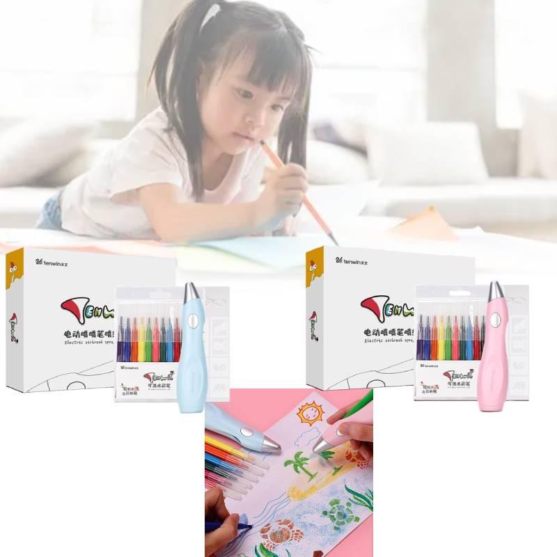Paint Electric Spray Pen Airbrush Set Children 12 Felt Pens 19 Stencils Drawing