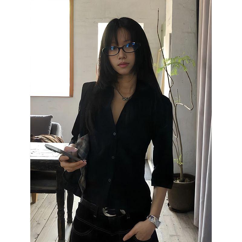 

Black Polo Collar Long Sleeves Shirt Women s Early Autumn Sexy Stylish Temperament Waist-Controlled Silm Short Shirt Tops Fashion Black S