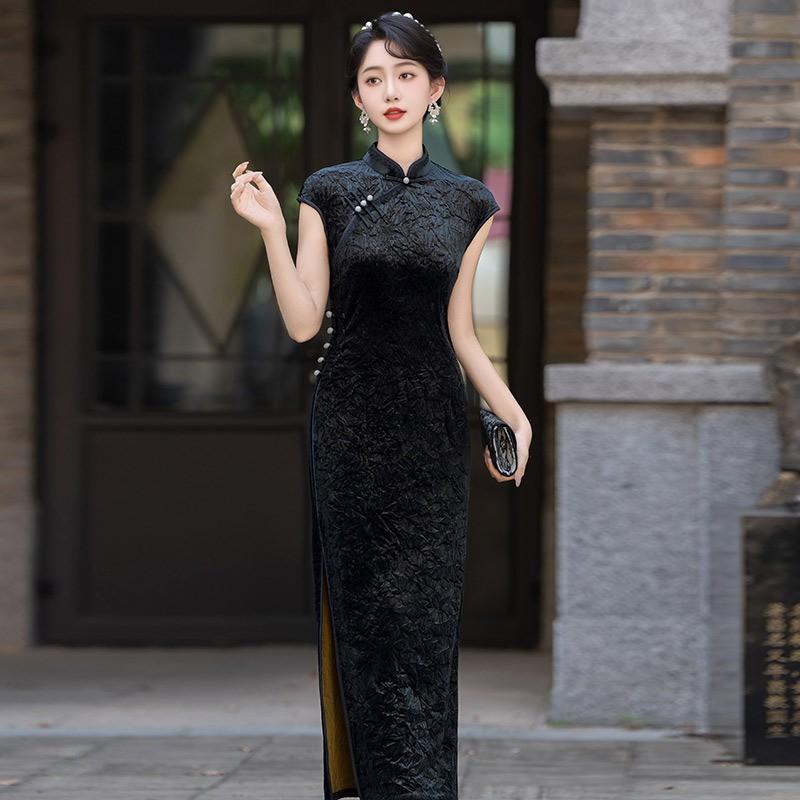 Elegant Black Velvet Long Cheongsam Dress Women Vintage Shanghai Style Modern Fit