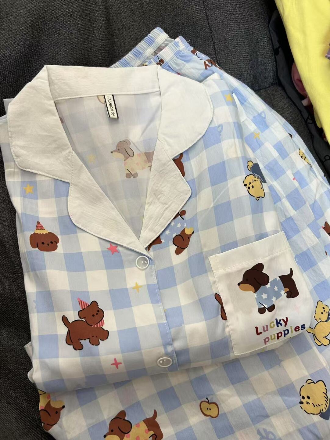 

Internet celebrities new blue plaid sausage puppy pajamas women s short-sleeved shorts can wear two-piece princess style loungewear S