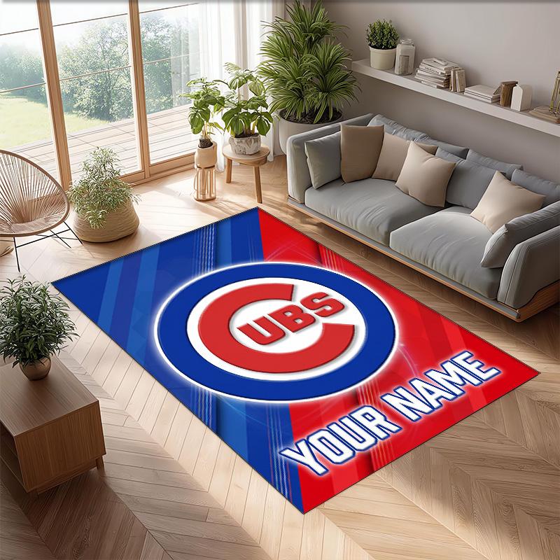 Chicago Cubs Crystal Velvet Rug, Custom Name Text Personalized Non‑Slip Floor Mat for Home Decor Gift