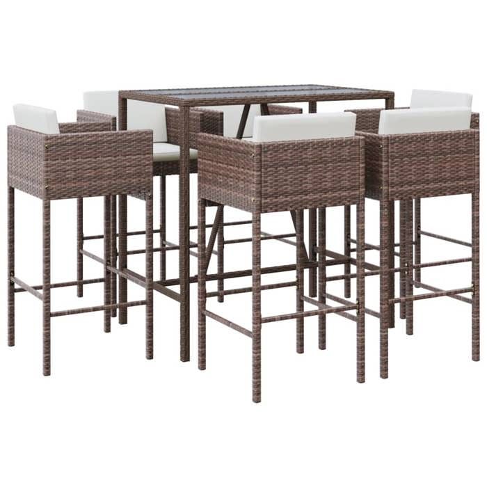 VidaXL Ensemble de bar de jardin avec coussins 7 pcs marron poly rotin, ensemble de table de bar, table et chaise de bar, 3200656