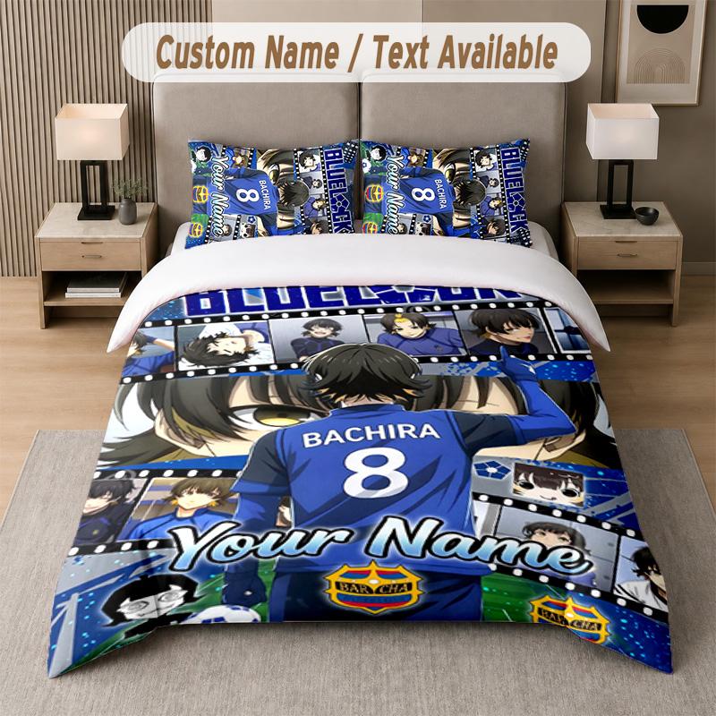 Blue Lock 3Pcs Bedding Set, Personalized Custom Name Text, 1 Duvet Cover & 2 Pillowcases For Bedroom