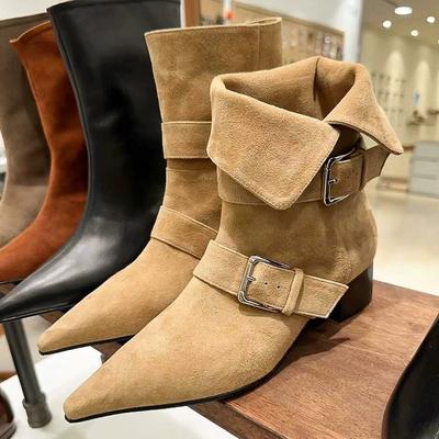 Korean Version Niche Two Wear Pointed Western Cowboy Boots Belt Buckle Thick Heel Suede Medium Boots Thin Short Boots Women's Autumn and Winter