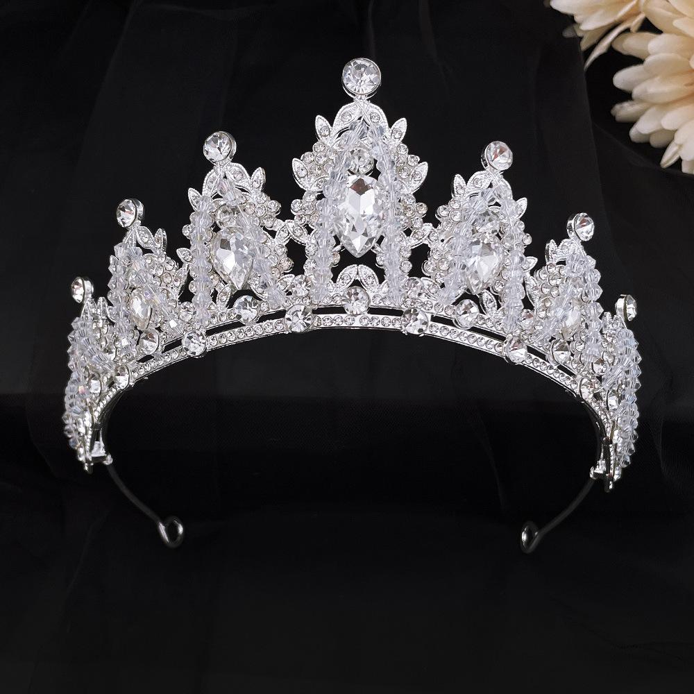 Korean Bride Silver Handmade Crown Headband Headdress New Alloy Crown Crystal Beaded Wedding Accessories for Women