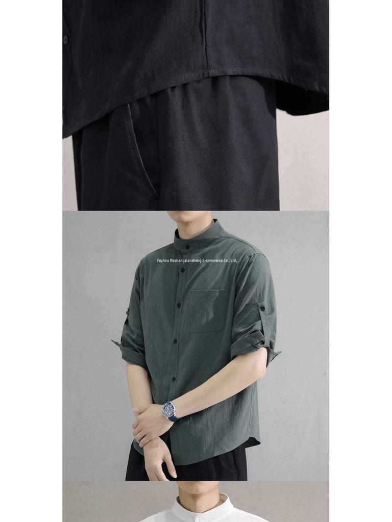 Men's Summer Korean Style Cotton-Linen Slim Fit Linen Shirt with Five-Point Sleeves.