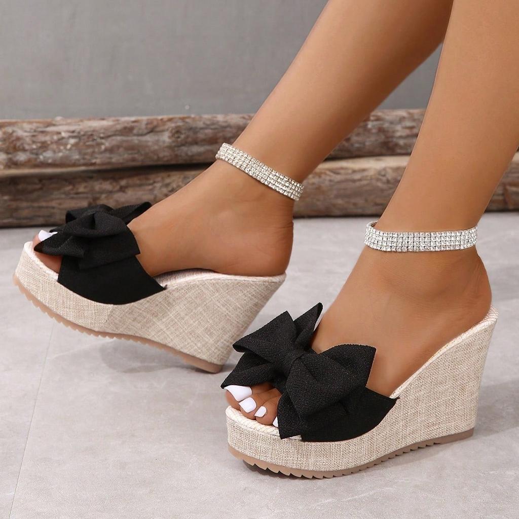 Fashion Heel Bow Summer Slippers Comfortable and Elegant Thick-soled Women's Shoes Large Size Sweet Women's High-heeled Slippers Slope