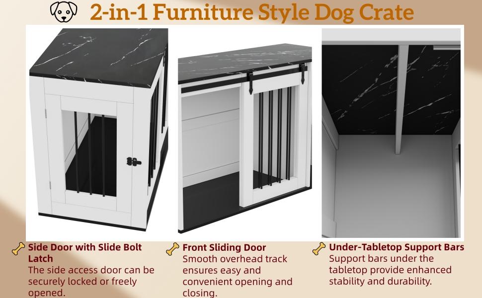 2-in-1 Hundebox, Holz-Metall, als Beistelltisch, für kleine bis mittelgroße Hunde, 140 x 60 x 87 cm, Weiß, Tischplatte mit schwarzer Marmor-Effekt-Folie