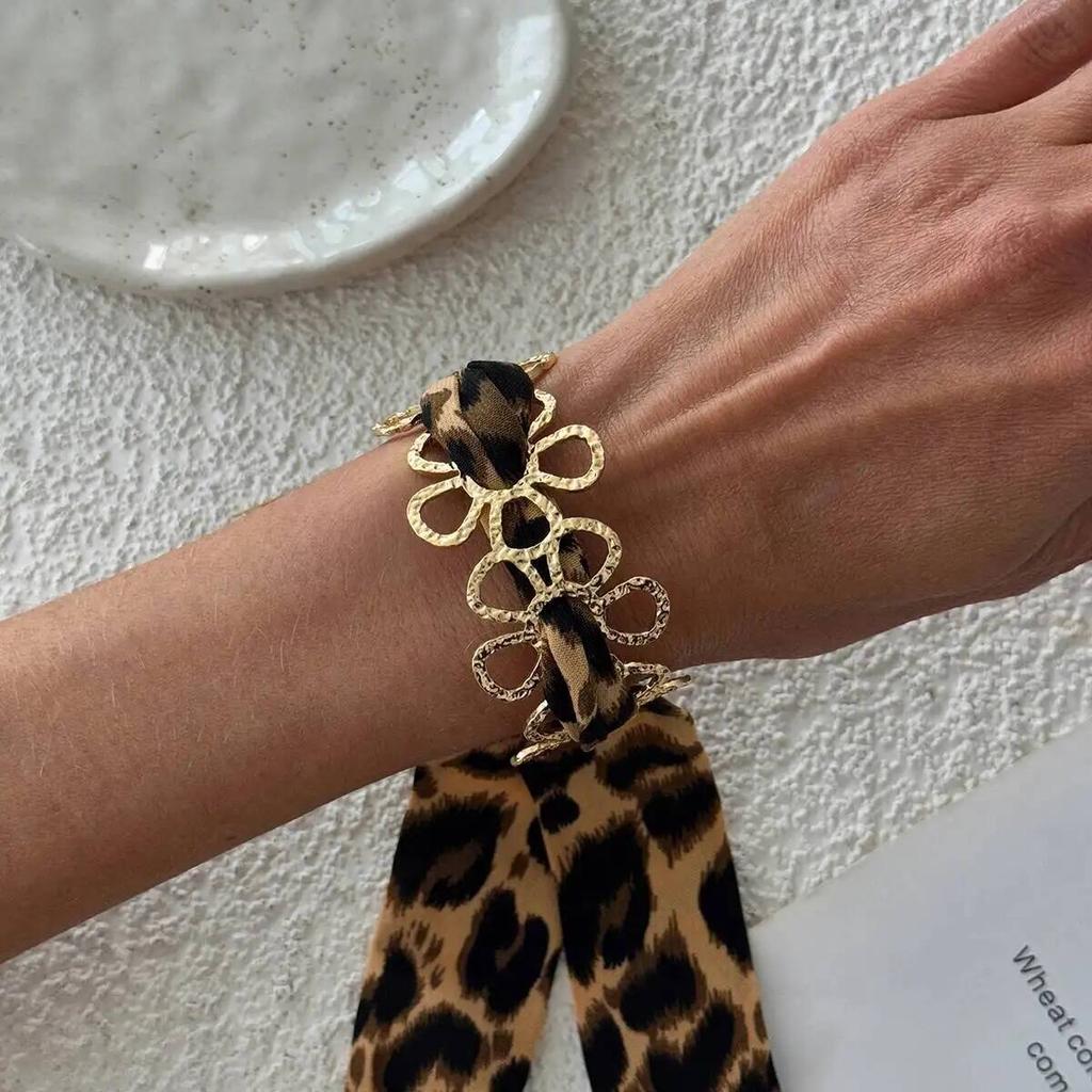 Salircon 7 Style Leopard Print Silk Scarf Cuff Bangle Retro Ethnic Style Polka Dot Ribbon-Wrapped Metal Wide Bracelet Wristband