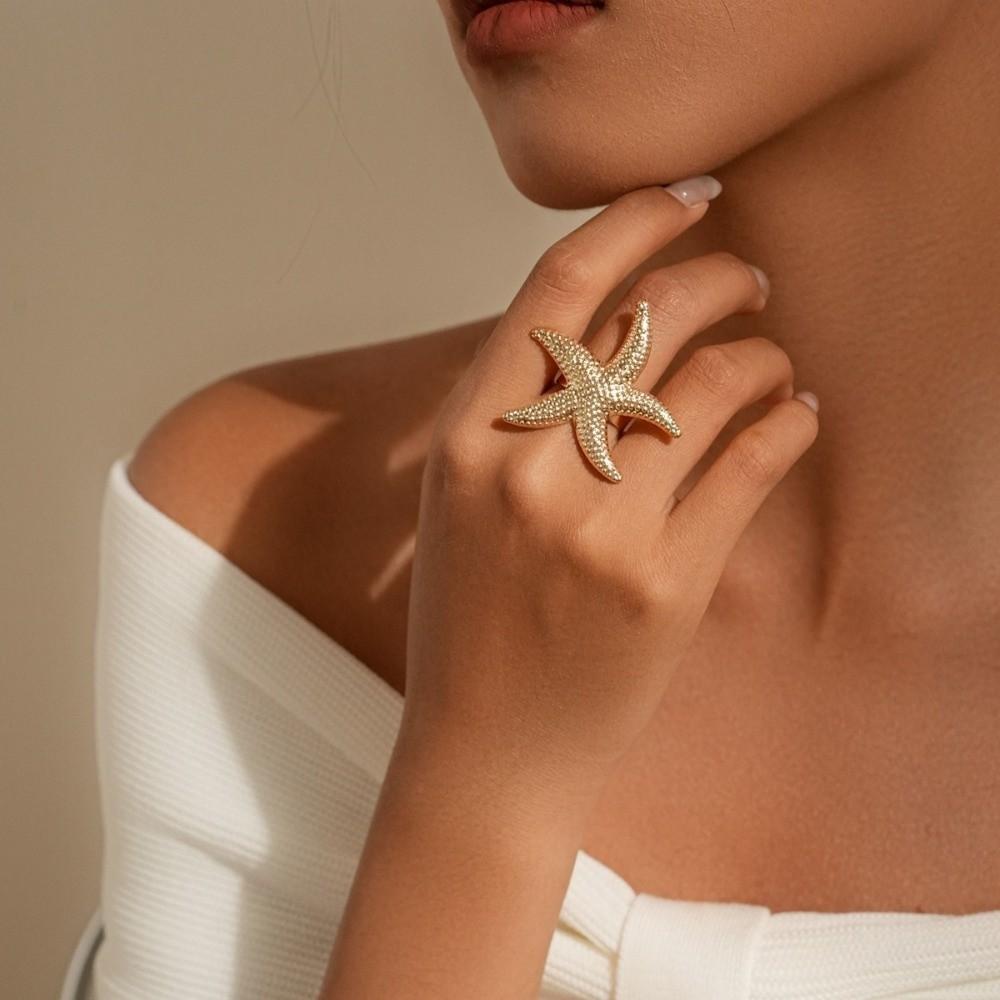 Exaggerated Starfish Ring Flower Shape Flower Ring Romantic Pearl Ring Perfect Gift
