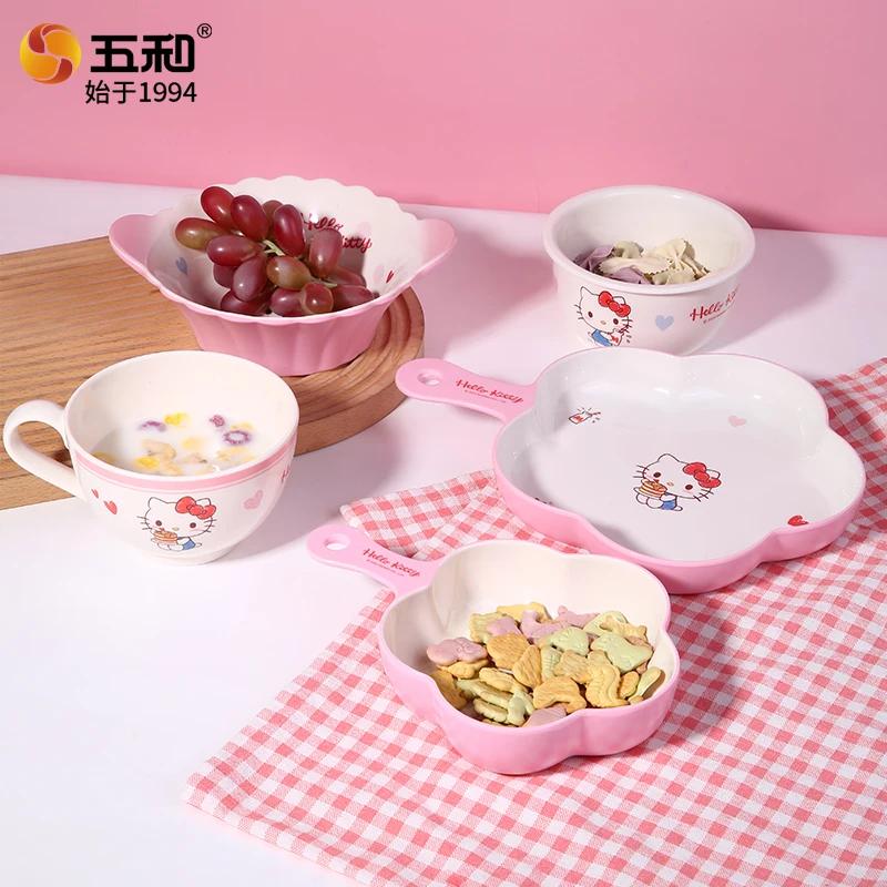 For Sanrio Hello Kitty Children Tableware Anti-scald Dining Plates BPA-Free Baby Eating Bowl Melamine Food-grade Plate Cup Spoon