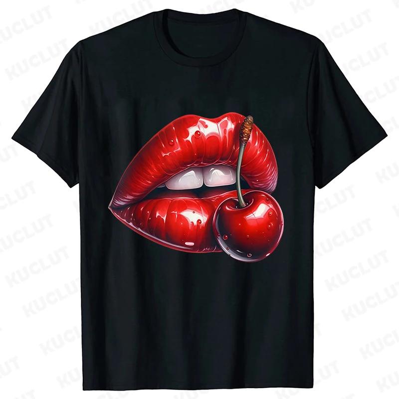 

Cherry Sexy Lips Funny Unisex Tshirts Watercolor Graphic Casual Tops Short Sleeve Tees Aesthetic Red Lips Trendy Female Clothing S