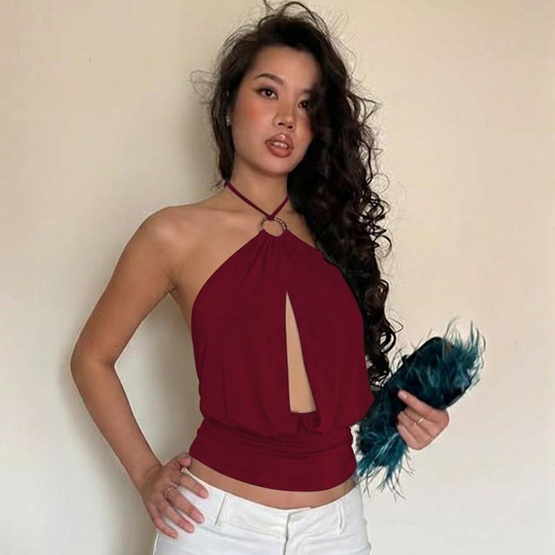 European and American Style Women's Clothing Spring New Products Sexy Babes Chest Hollow Ring Straps Backless Small Vest Top
