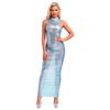 Womens Iridescent Metallic See Through Maxi Dress Mock Neck Sleeveless Bodycon Sheer Pencil Dress