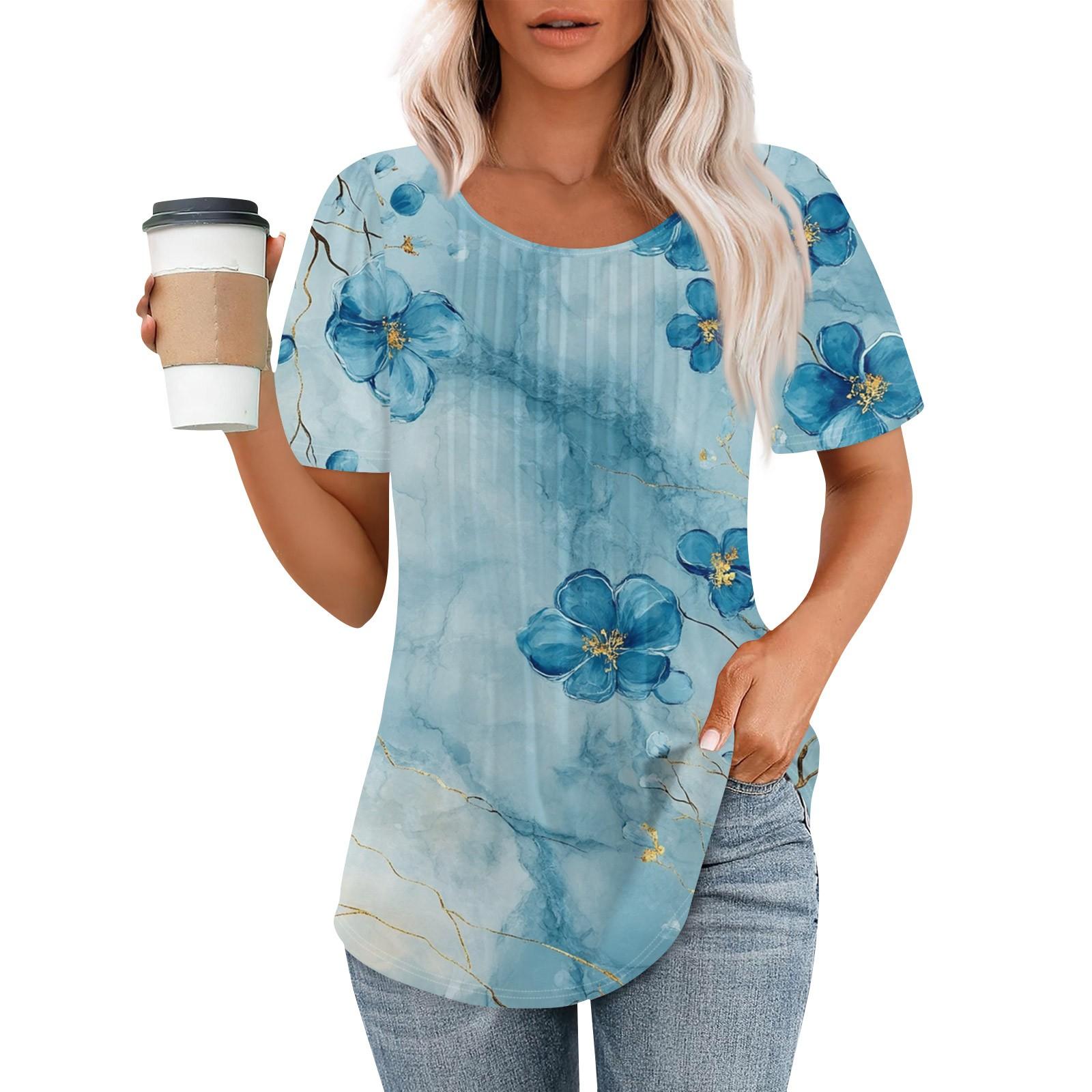 

Женская модная повседневная плиссированная футболка в полоску с круглым вырезом и цветочным принтом с короткими рукавами, топ L горячий розовый