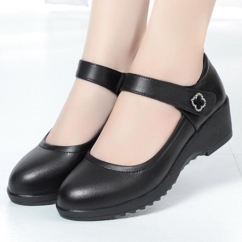 Fashion Women's Wedge Shoes Women Ankle Strap Casual Flat Shoes Woman Work Office Pumps Comfort Genuine Leather Shallow Mouth Mom Shoes