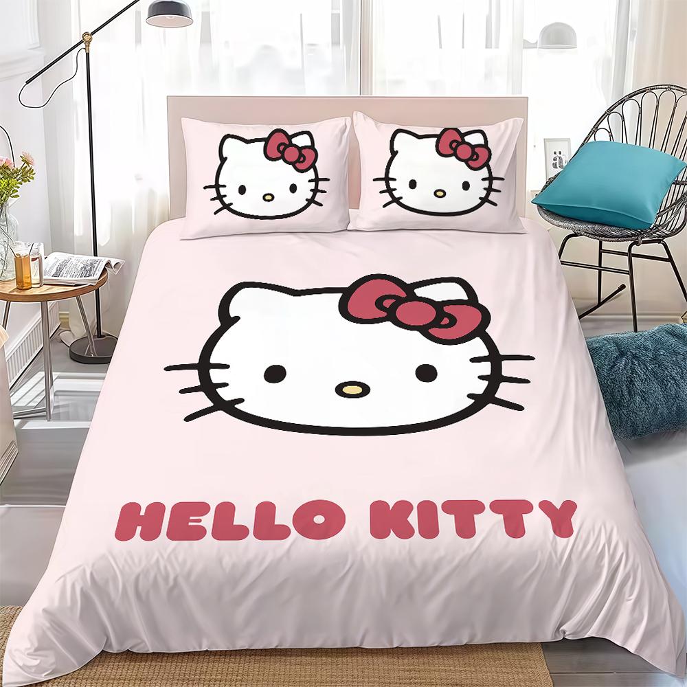 

H-Hello Kitty Duvet Cover Set Home Style Bedding Soft Laundry Cotton Bed 3 Piece Set Student Dormitory Gift 135x200cm