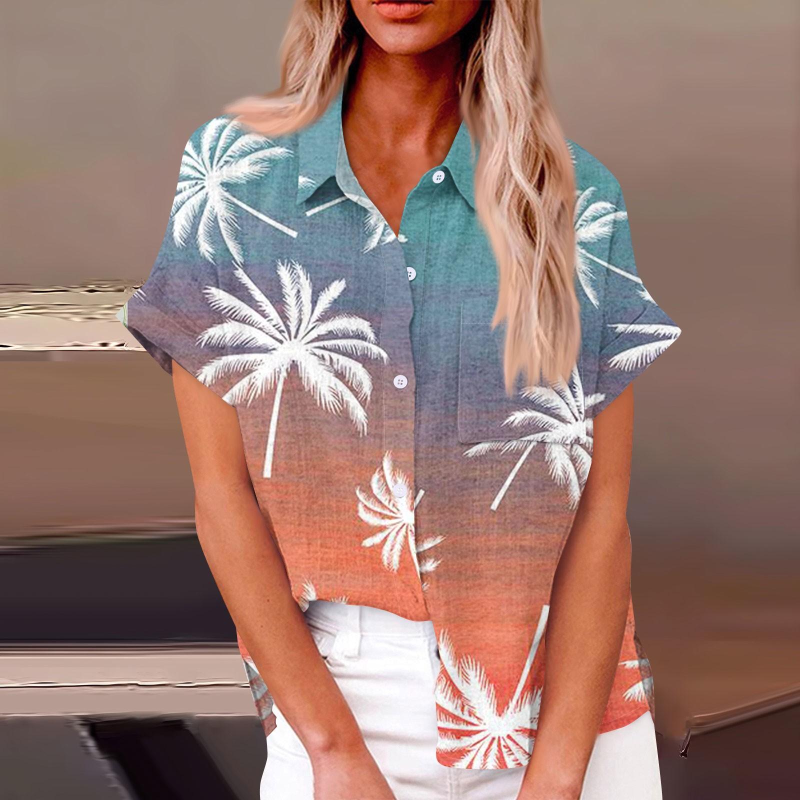 

Женская модная свободная повседневная рубашка с коротким рукавом и отворотом на пуговицах, футболка с принтом, топ L синий