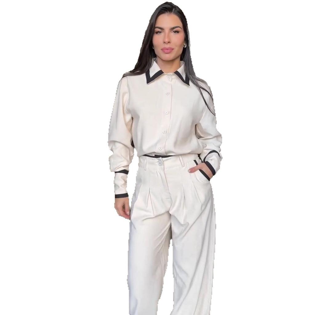 Europe and the United States cross-border 2025 new fashion casual loose long-sleeved temperament shirt collar color matching top pants two-piece set