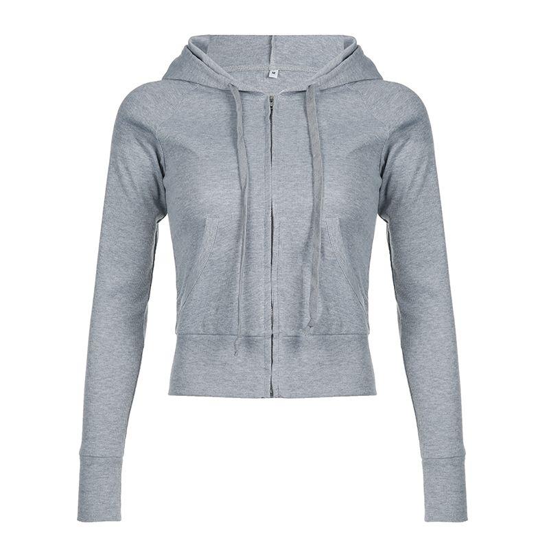 

and American Women s Clothing American Minimalist Pocket Cap Zipper Gray Sweater Outwear Female Easiest for Match Casual Exercise Cardigan Autumn Light gray L
