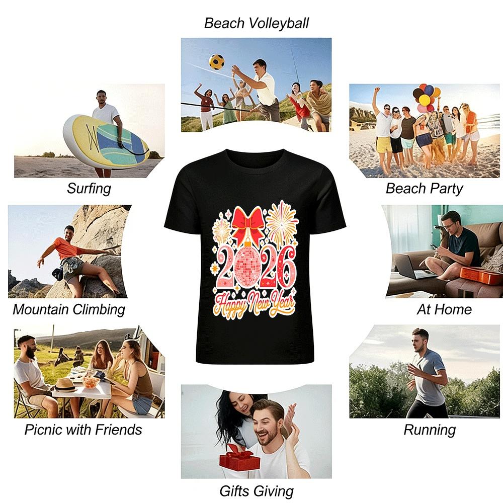 2026 Happy New Year Print Casual Top Festival Vibe Crewneck T-Shirt Pure Cotton T-shirt