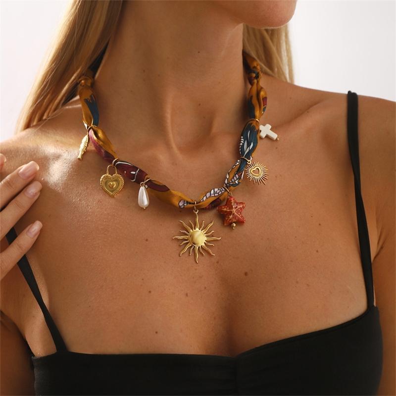 Trendy Multicolor Scarf Necklace Featuring Heart Star Sun Pendant Creative Stainless Steel Neckwear Accessory