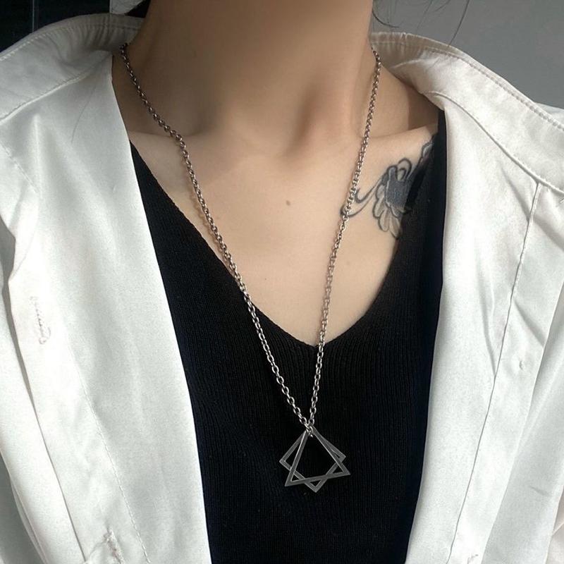 Triangle Square Necklace For Men Hip Hop Style Copper Color Geometric Pendant Stainless Steel Chain Trendy Couple Jewelry Gifts