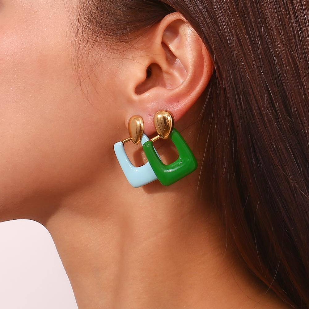 MamacitaSlay Geometric Oval Colored Enamel Rectangle Drop Stainless Steel Earrings 2025 Trend Daily Jewellery Woman Accesories
