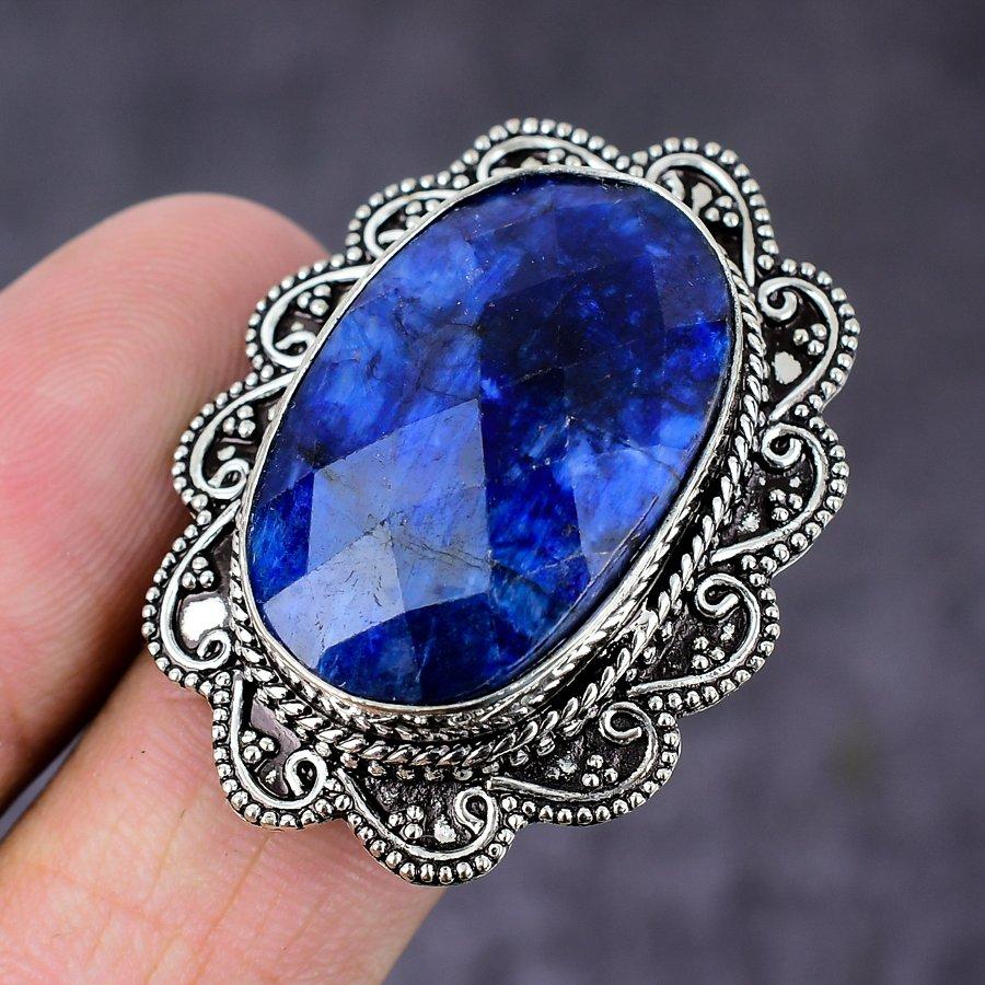 Sapphire(Simulated) Gemstone Handmade 925 Sterling Silver Ring Size 8.5 K1y57