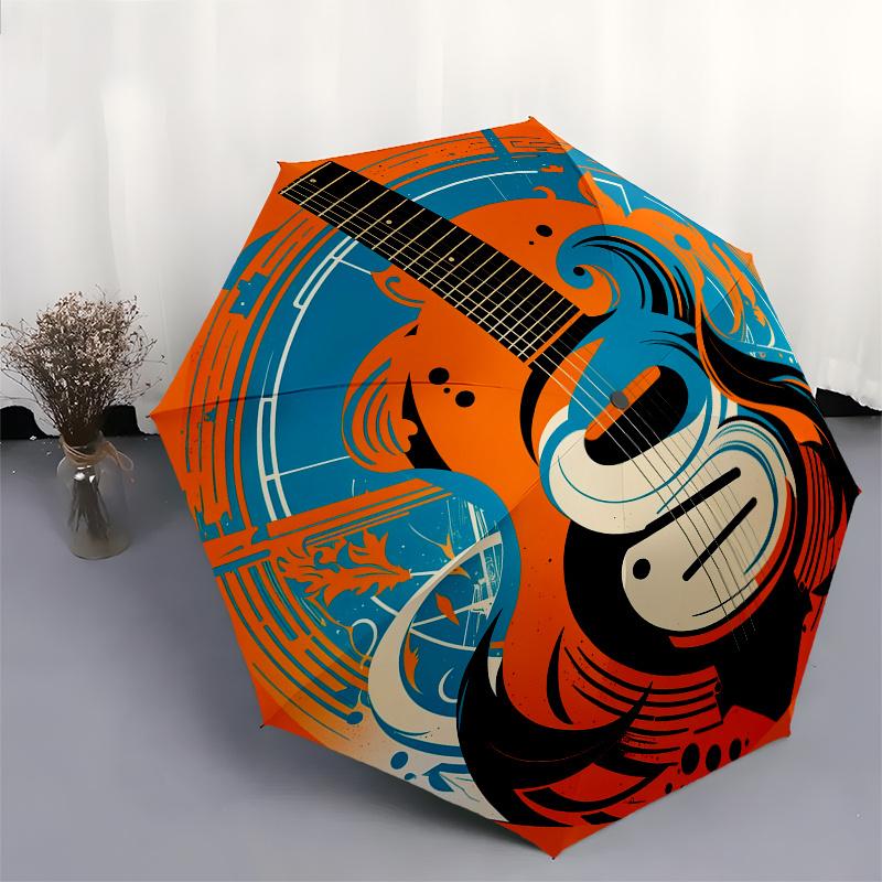 Abstract Guitar Art Print: Vibrant Orange & Blue DesignUmbrella, Portable 3-Fold Compact Umbrella for Men & Women Gift