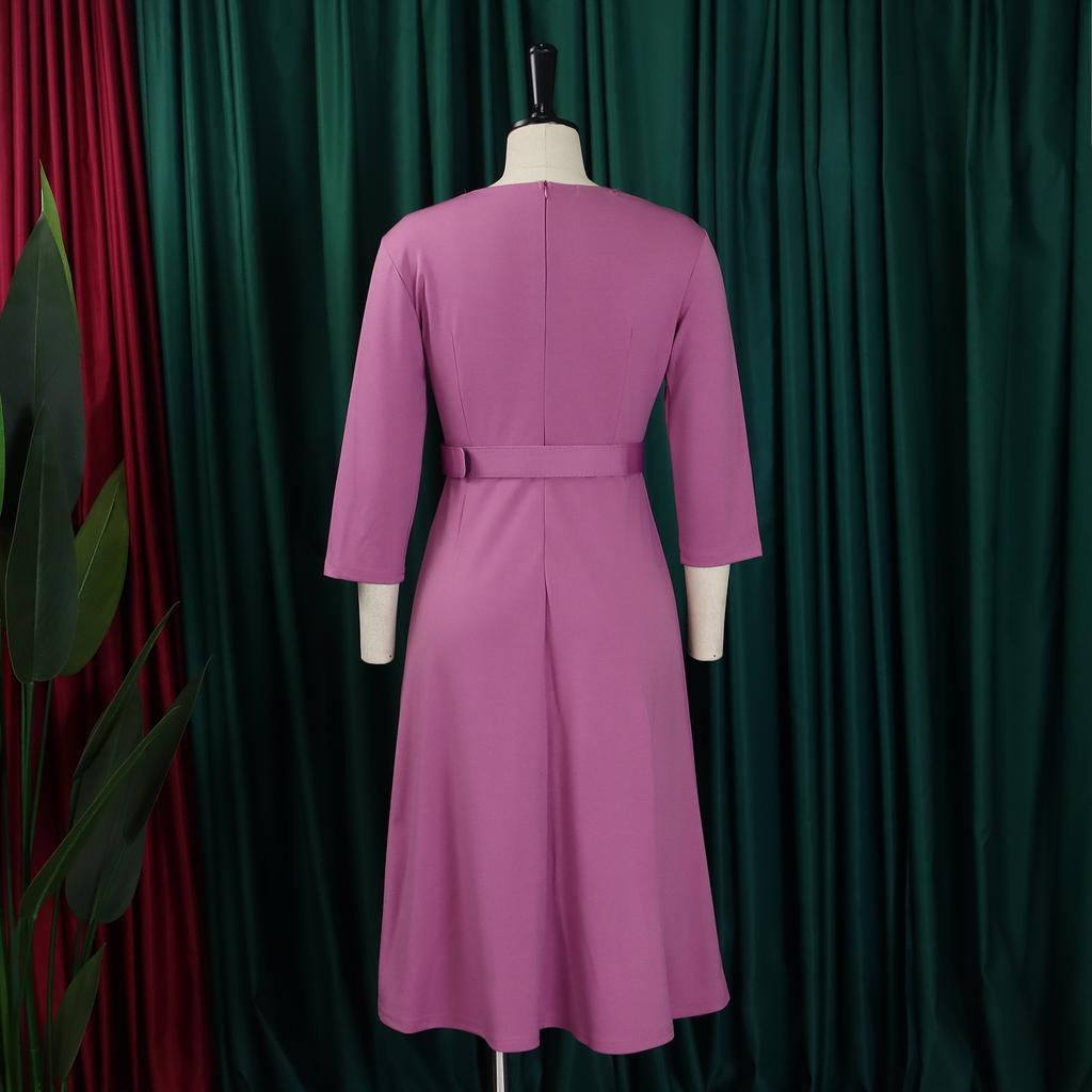 Elegant Office Dresses for Women Plus Size Xxxl V Neck Three Quarter Sleeve Belt Waisted Pleated Mid Calf Dress Midi Clothe