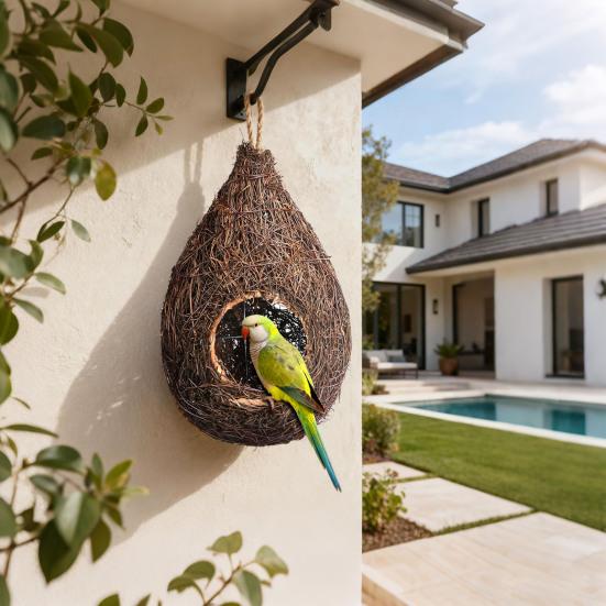 Hanging Bird House Natural Grass Hanging Bird Hut Hand Woven Drop Shape Birdhouse for Small Birds Budgies Garden Patio Terrace Indoor Outdoor