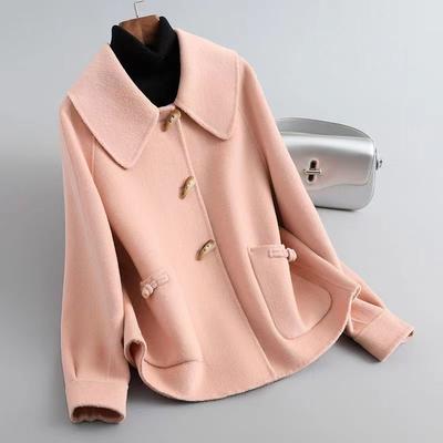 Cappotto Corto in Lana Doppio Petto da Donna Primavera Autunno Stile Coreano Vestibilità Ampia Colletto Bambola Giacca alla Moda