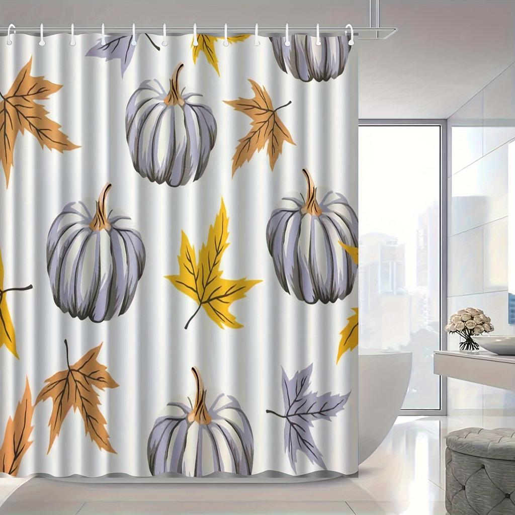Elegant Watercolor Maple Leaf & Pumpkin Shower Curtain - High-End, Anti-Fog, Multi-Functional Bathroom Decor with Hooks Included