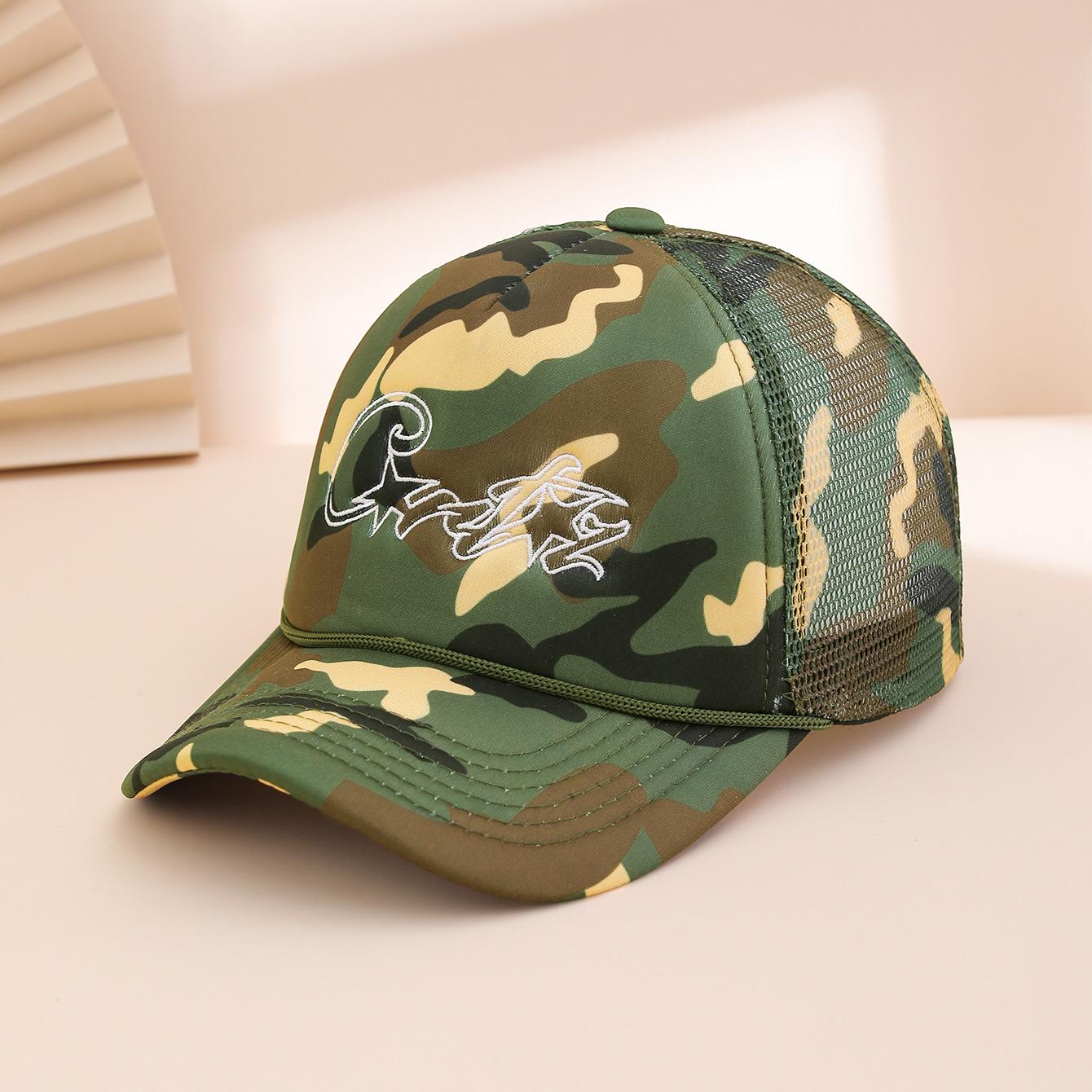 

Cross-Border Fashion Mesh Rope Baseball Cap, Simple Embroidered Star Sponge Dome Curved Brim Hat, Outdoor Travel Wear One Size