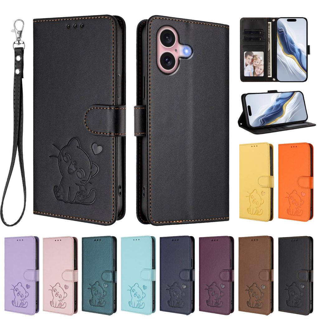 For iPhone 16 Wallet Case with Wrist Strap Love Cat Pattern Imprint Leather Phone Cover