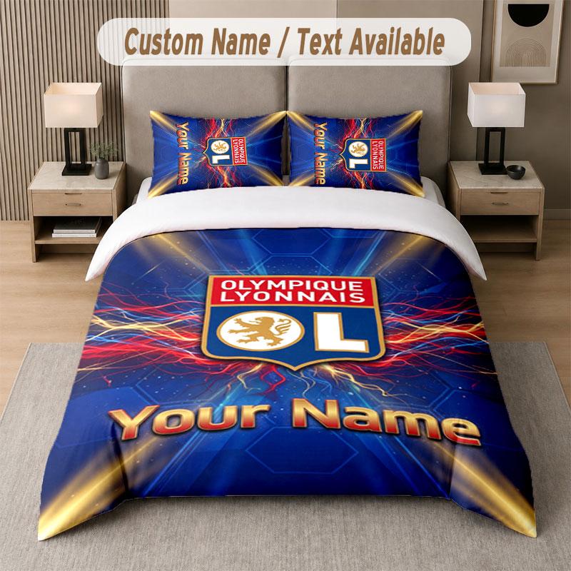 Custom Bedding Set Lyon FC Pattern, Print Name Text 1 Duvet Cover plus 2 Pillowcases Home Textile
